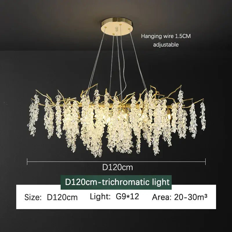 Frosted aluminum golden branch crystal chandelier 120cm gold tone with cascading crystals and trichromatic light design