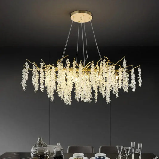 Frosted aluminum golden branch crystal chandelier with cascading grapevine droplets for dining room décorbites frosted aluminum