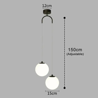 Black metal pendant light with two frosted glass spherical globes for dining room glass pendant light design