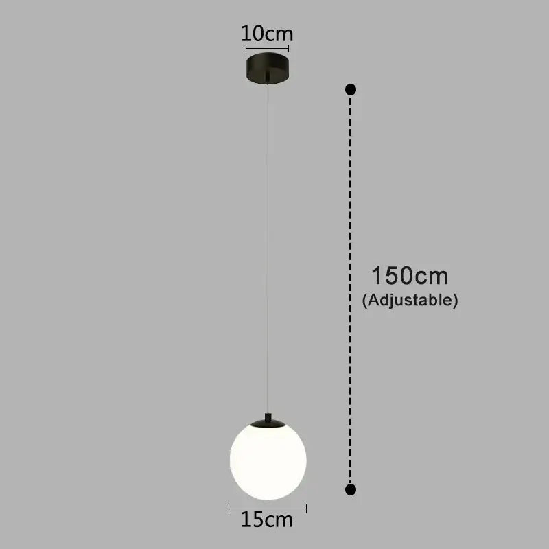Frosted glass pendant light in brass and black with a sleek spherical design and adjustable 150cm hanging length for dining room