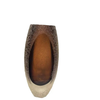 Brown textured frosted glass vase with matte speckled finish and oval opening from decorbites frosted glass trio decor