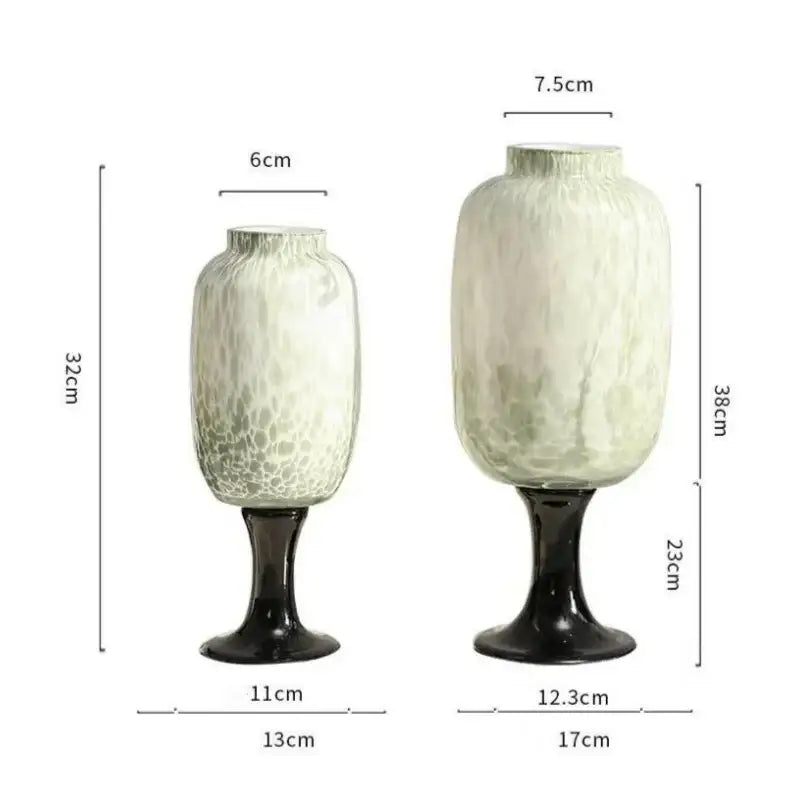 Two elegant glass vases with frosted marbled dot texture and black stems for modern living room decorbites dot texture