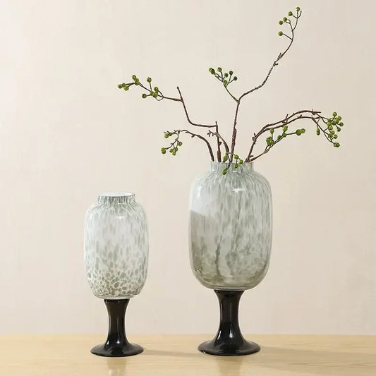 Two elegant frosted marbled dot texture glass vases with black stems for stylish living room decorbites dot texture