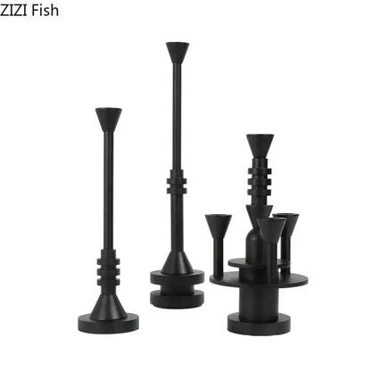Set of modern black matte-finished frosted metal candle holders with geometric tiered design for romantic dining decorbites decor