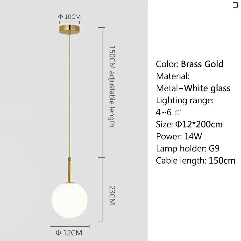 Brass gold pendant light with frosted white globe shade and smoke gray metal rod for dining room lighting