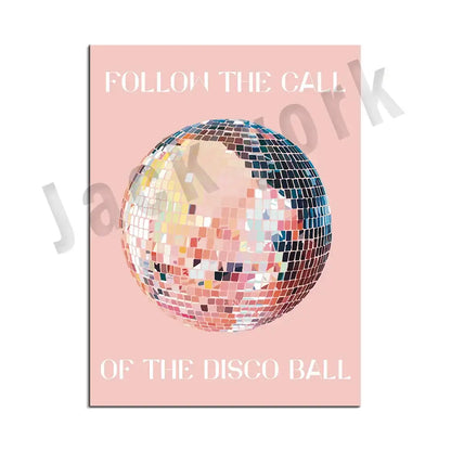 Funky disco gogo canvas print featuring a shimmering multicolored disco ball on soft pink decorbites funky disco wall art
