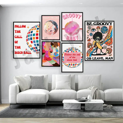 Set of six framed decorbites funky disco canvas print wall art featuring colorful disco balls and retro typography