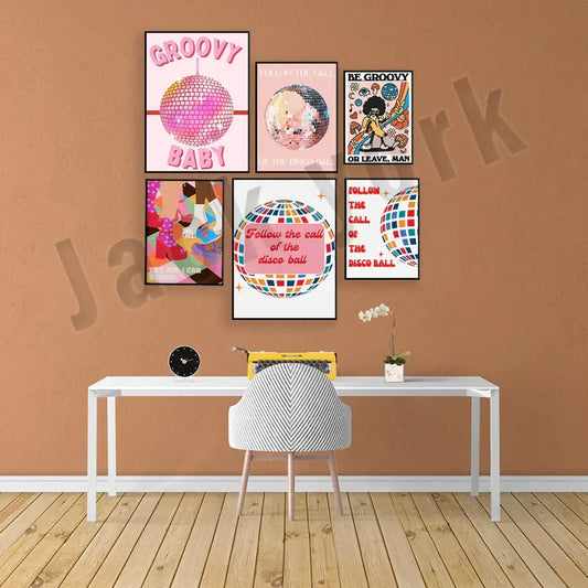 White chair with herringbone fabric and light wooden legs complementing decorbites funky disco gogo canvas print wall art