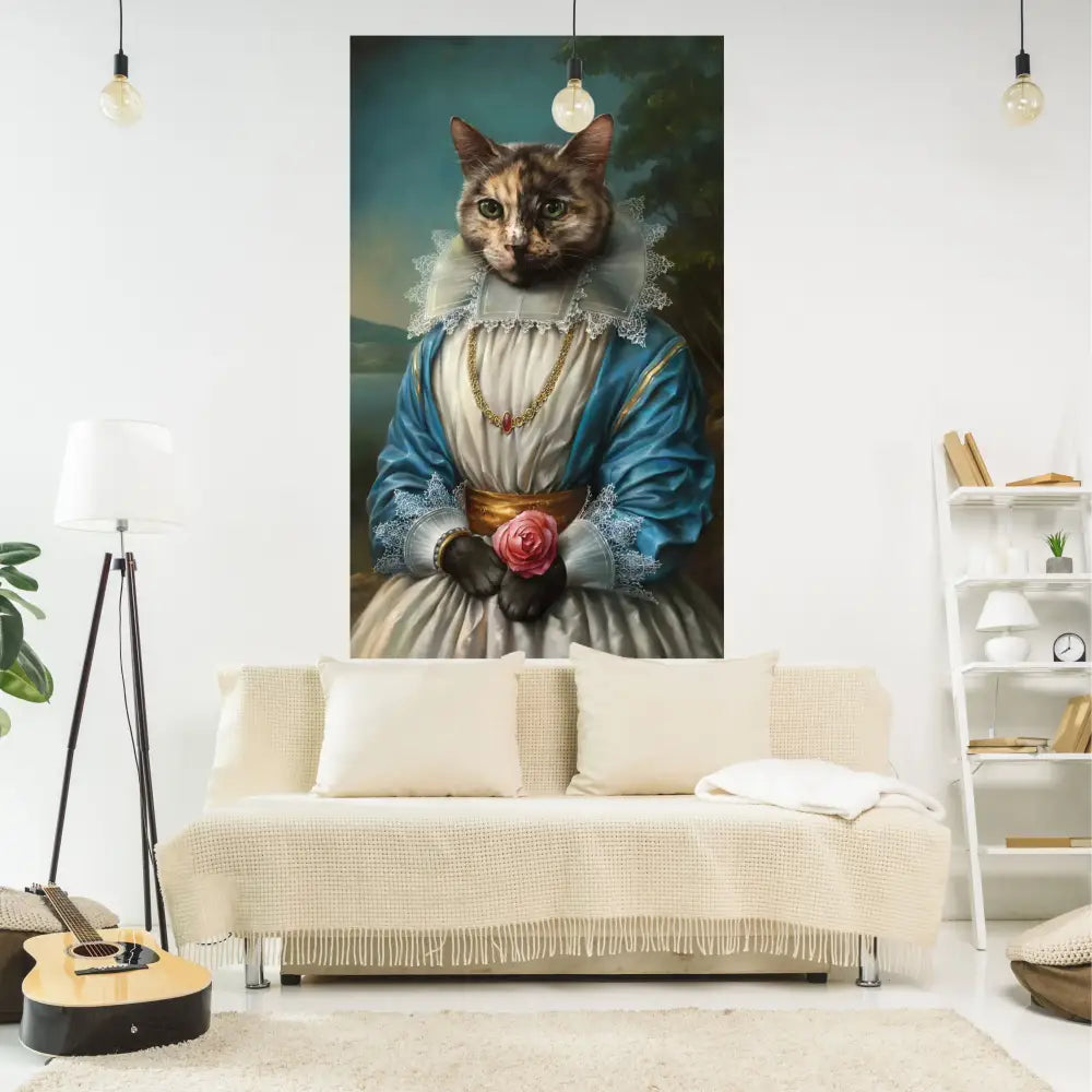 A wall hanging tapestry featuring a calico cat in a blue and white gown holding a pink rose for funny cats decorbites