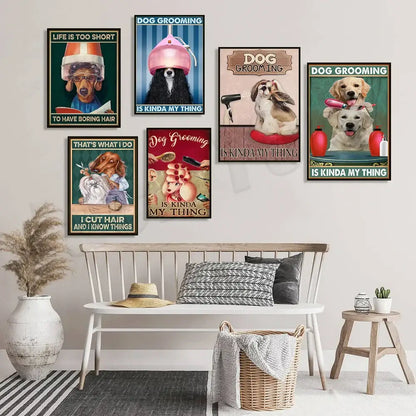 A set of six framed funny jack york canvas printings featuring dog grooming themes in a cozy living room setting
