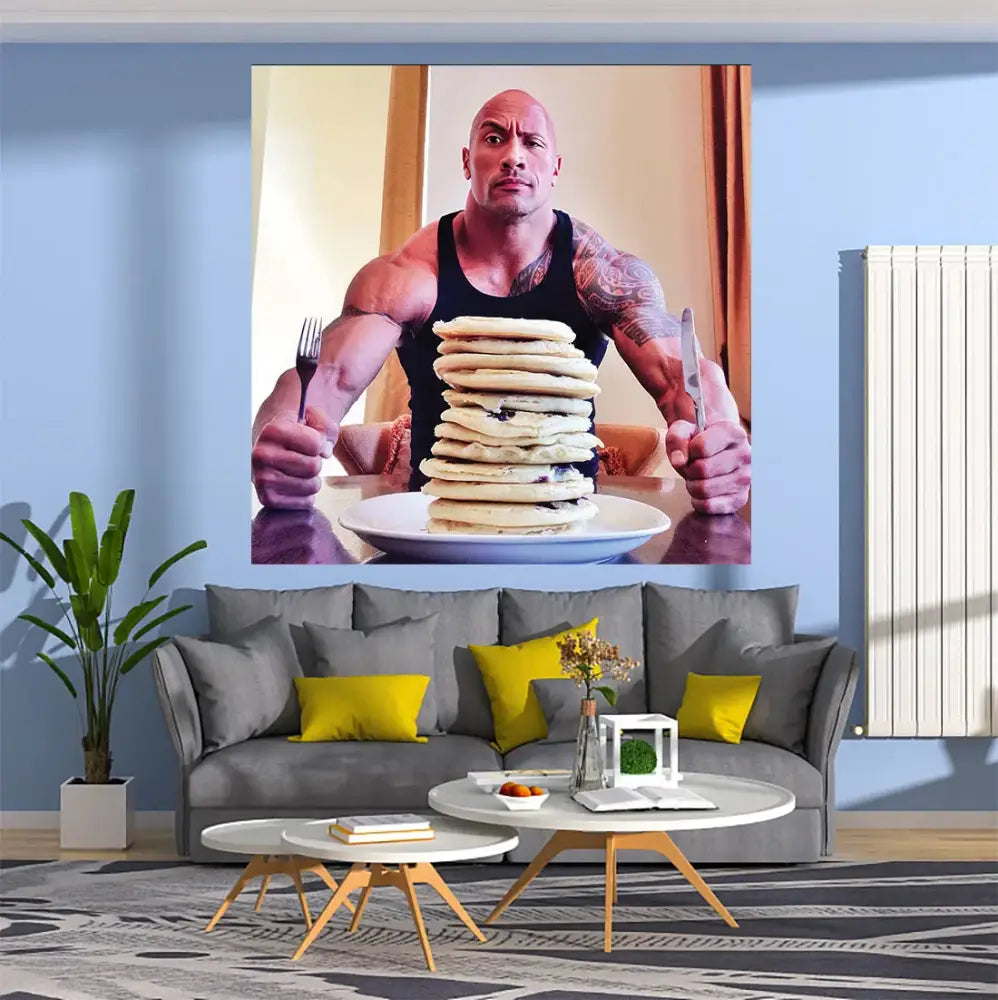 A large wall hanging decor featuring a muscular man with fork and knife eating blueberry pancakes tapestry
