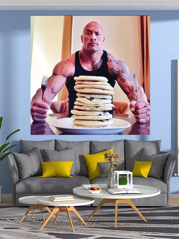 Large framed wall hanging decor featuring dwayne johnson with fork and knife beside blueberry pancakes tapestry