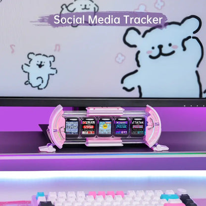 Futuristic pink transparent social media tracker digital clock with four displays for facebook youtube twitch and tiktok decorbites cute gaming digital