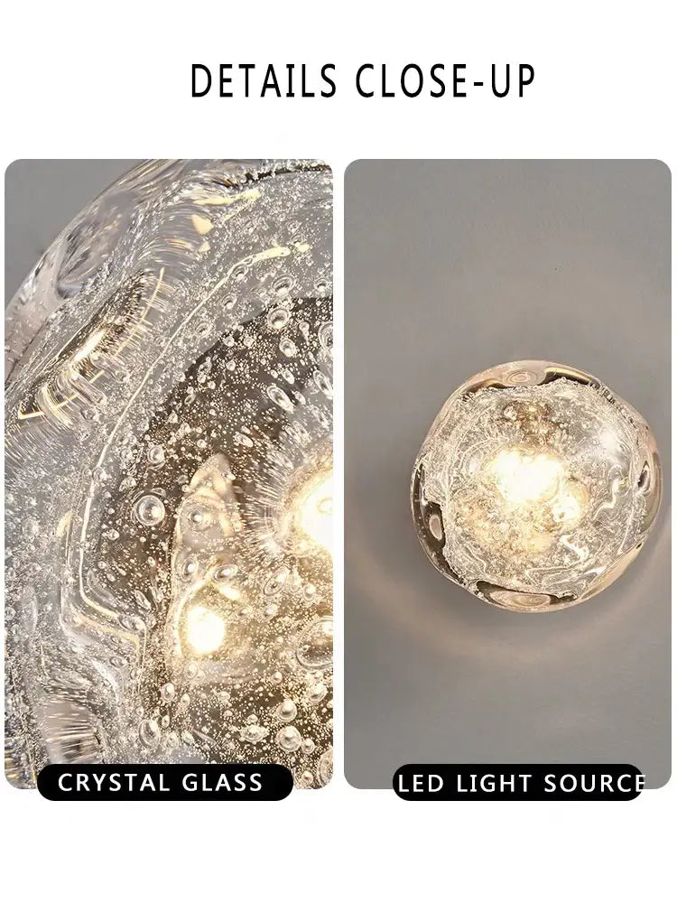 Galaxy blue and amber spherical crystal wall sconce lamps with textured bubbles and embedded led lights for living room lighting