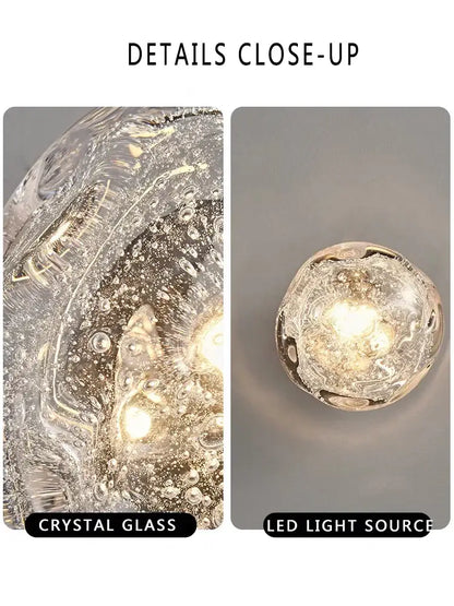 Galaxy blue and amber spherical crystal wall sconce lamps with textured bubbles and embedded led lights for living room lighting