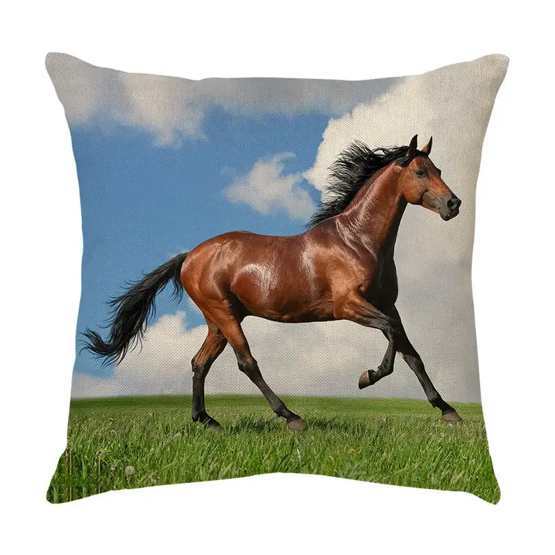 Beige linen galloping horse pillowcase featuring a brown horse running on green field for living room decorbites galloping horse