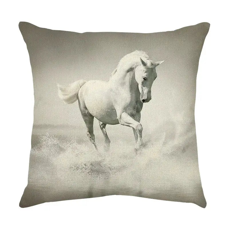 Square linen galloping horse pillowcase with monochrome white horse print for living room decorbites galloping horse