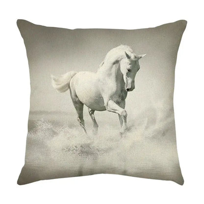 Square linen galloping horse pillowcase with monochrome white horse print for living room decorbites galloping horse