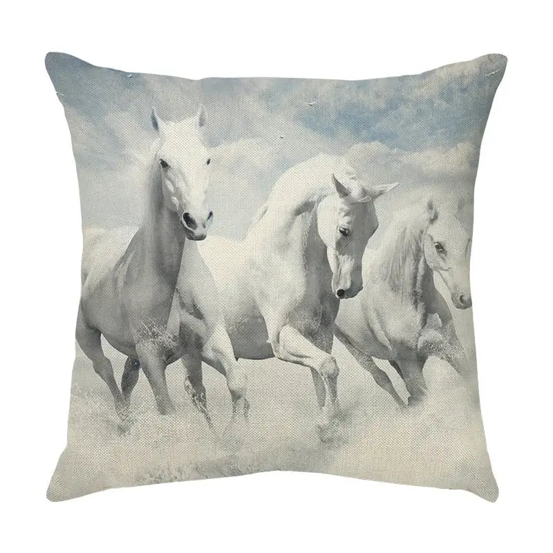 Square linen decorbites galloping horse pillowcase featuring white horses galloping on a soft cloudy sky background