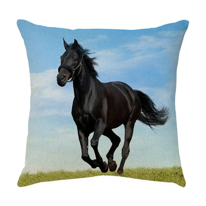 Square linen galloping horse pillowcase featuring a black horse running on grass under blue sky by decorbites galloping horse