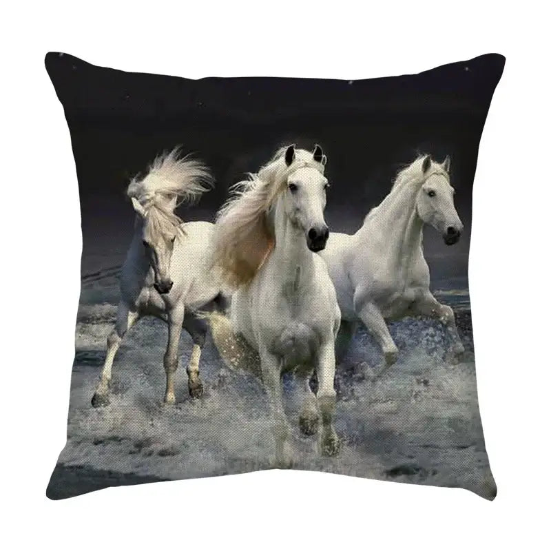 Square linen galloping horse pillowcase featuring three white horses against a dark backdrop by decorbites galloping horse decor