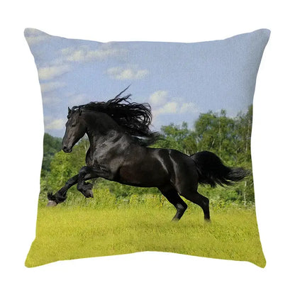 Black friesian horse galloping across green field on blue sky printed on decorbites galloping horse linen pillowcase