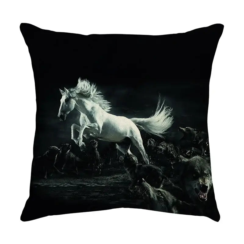 Black decorbites galloping horse linen throw pillowcase featuring a white horse leaping through wolves for living room decor