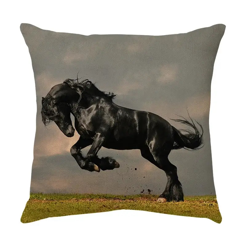 Square linen galloping horse pillowcase by decorbites featuring a black friesian horse on muted sky and grassy field background