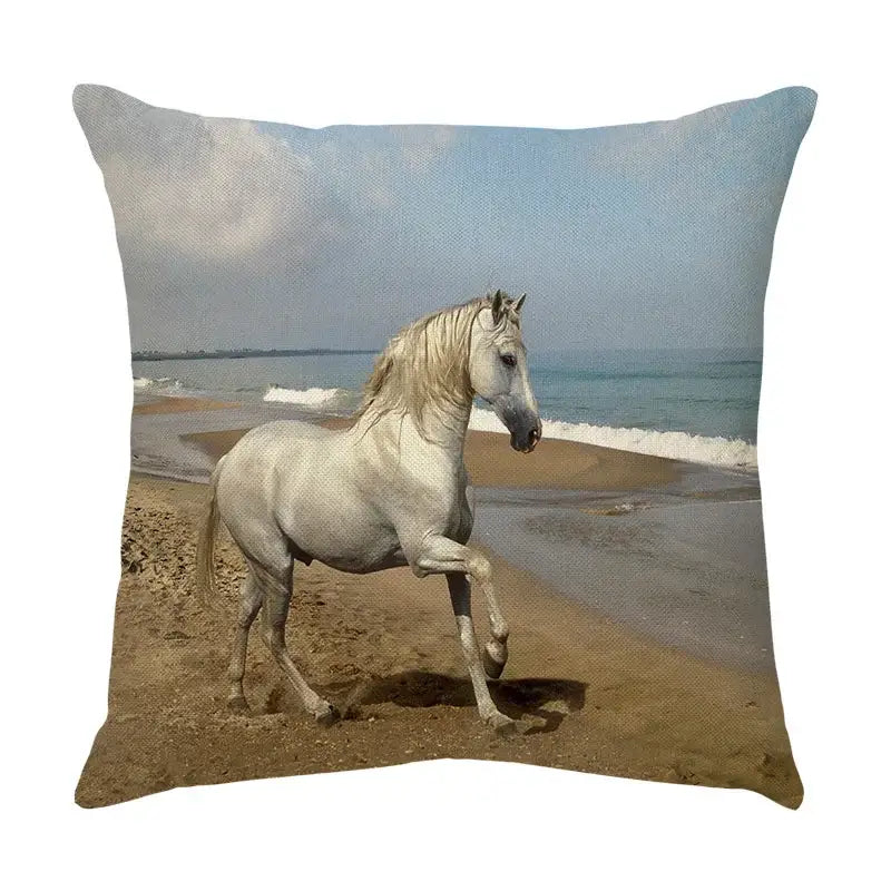 Square linen galloping horse pillowcase by decorbites featuring white horse on sandy beach for living room decor