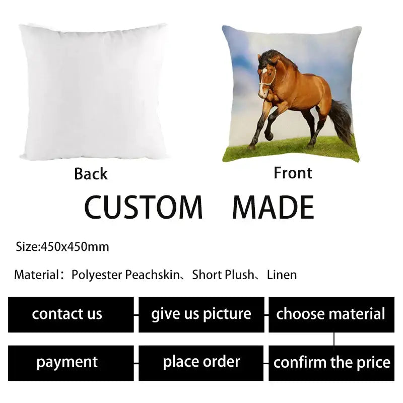 Custom-made decorbites galloping horse pillowcase with vibrant detailed brown horse print on linen square cushion cover