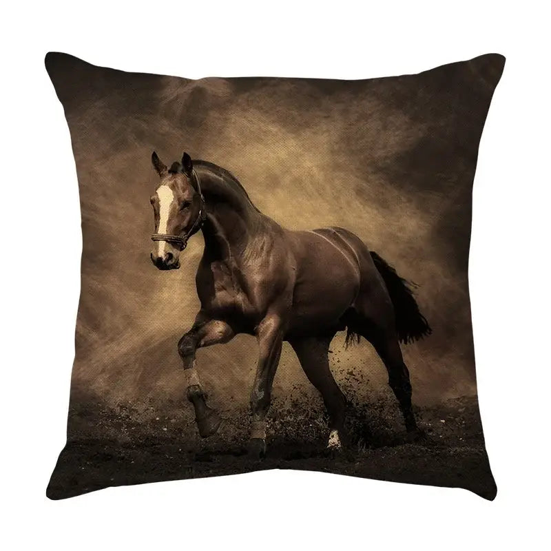 Square linen galloping horse pillowcase by decorbites features a sepia-toned dark brown horse with white blaze decor