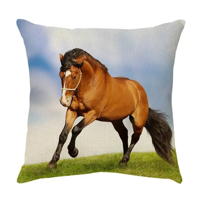 Brown horse with black mane and tail wearing white halter printed on light gray linen galloping horse pillowcase decorbites galloping horse