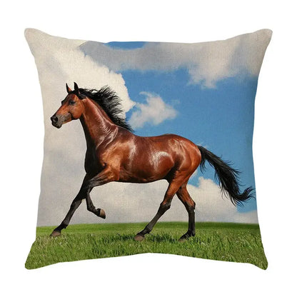 Square linen galloping horse pillowcase by decorbites featuring brown horse running on green field under blue sky