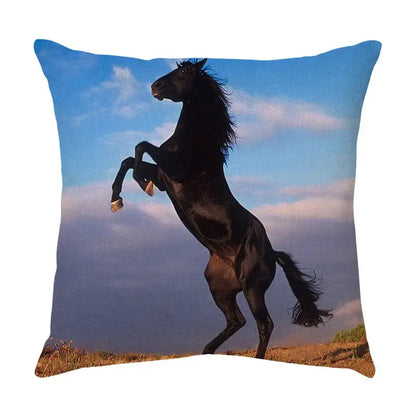 Square linen galloping horse pillowcase featuring a vivid black horse print against a blue sky by decorbites galloping horse decor