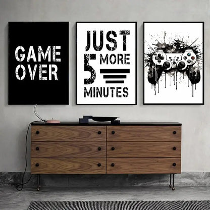 DecorBites™ black and white game controller wall art with bold game over text and splattered controller design