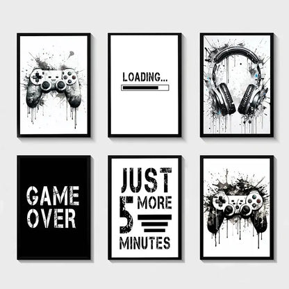 Set of six black and white game controller wall art prints with splattered ink designs from DecorBites™