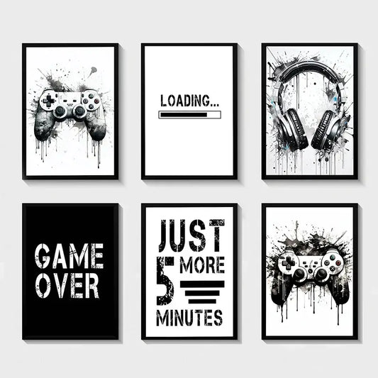 Set of six black and white game controller wall art prints with splattered ink designs from DecorBites™