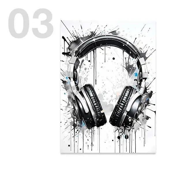 DecorBites™ black and silver over-ear headphones with modern splattered paint design complement white game controller wall art