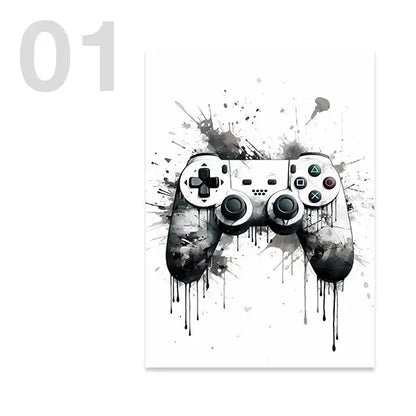 DecorBites™ black and white game controller wall art featuring watercolor style with splatter effects for white game décor