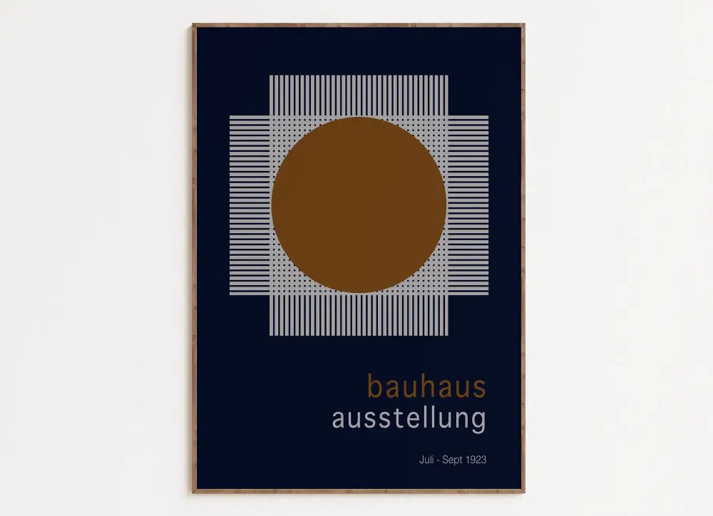 Minimalist art canvas DecorBites™ featuring a bold brown circle and white grids on navy mid century bauhaus poster