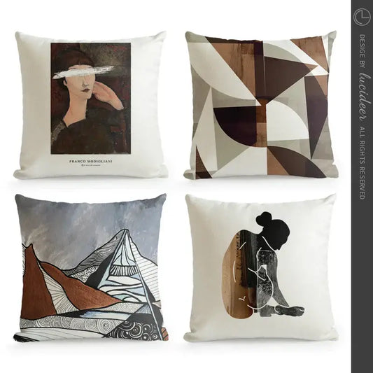 White cushion cover with printed portrait of woman for decorbites geometric artist sofa living room decor