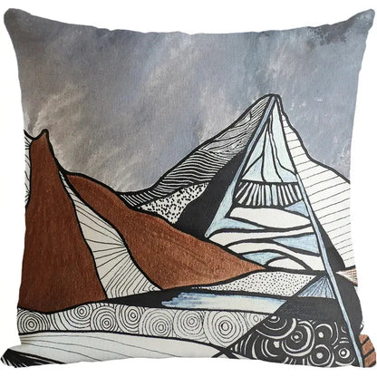 Square cushion cover with abstract mountain design in gray, brown, black, white, and light blue for decorbites geometric artist sofa decor