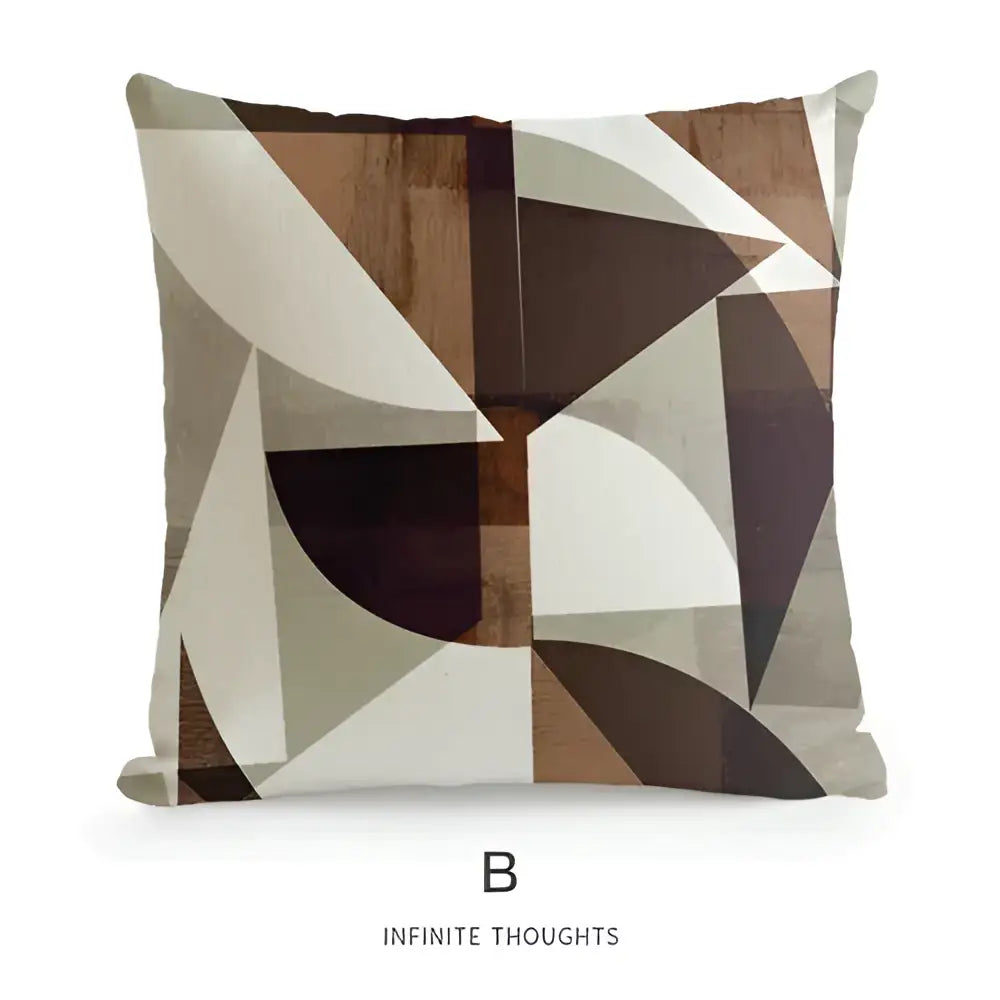 A square cushion cover with a decorbites geometric artist pattern in brown beige and dark gray for sofa decor