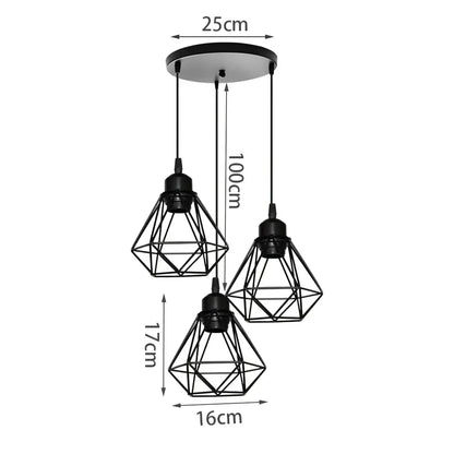 Geometric black decorbites iron 3-light chandelier pendant with three diamond-shaped shades for kitchen lighting