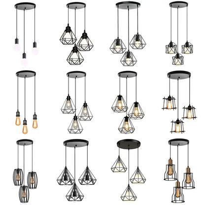Geometric black decorbites iron 3-light chandelier pendant with exposed filament bulbs for kitchen lighting