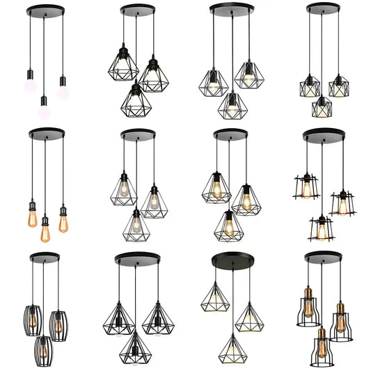 Geometric black decorbites iron 3-light chandelier pendant with exposed filament bulbs for kitchen lighting