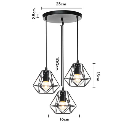 Geometric black decorbites iron 3-light chandelier pendant with three diamond-shaped shades for kitchen lighting