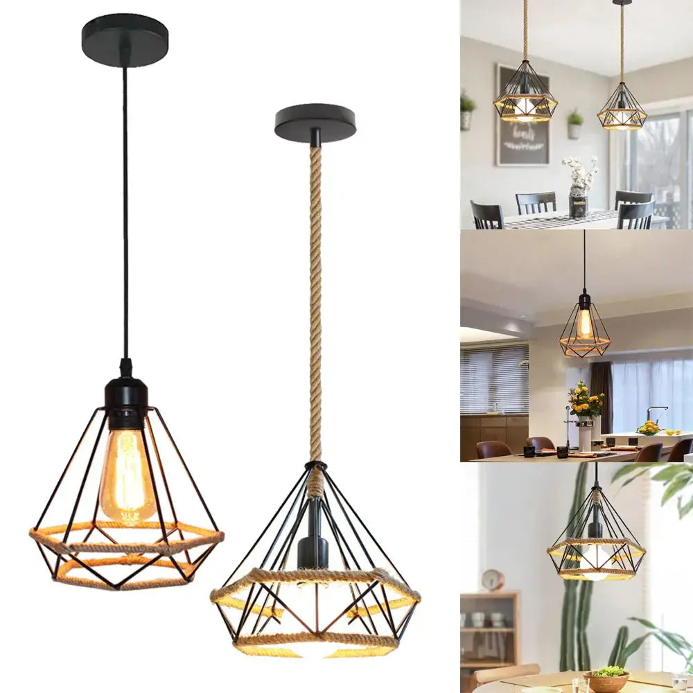 Black metal geometric pendant light with diamond cage iron design and rope suspension for dining room use