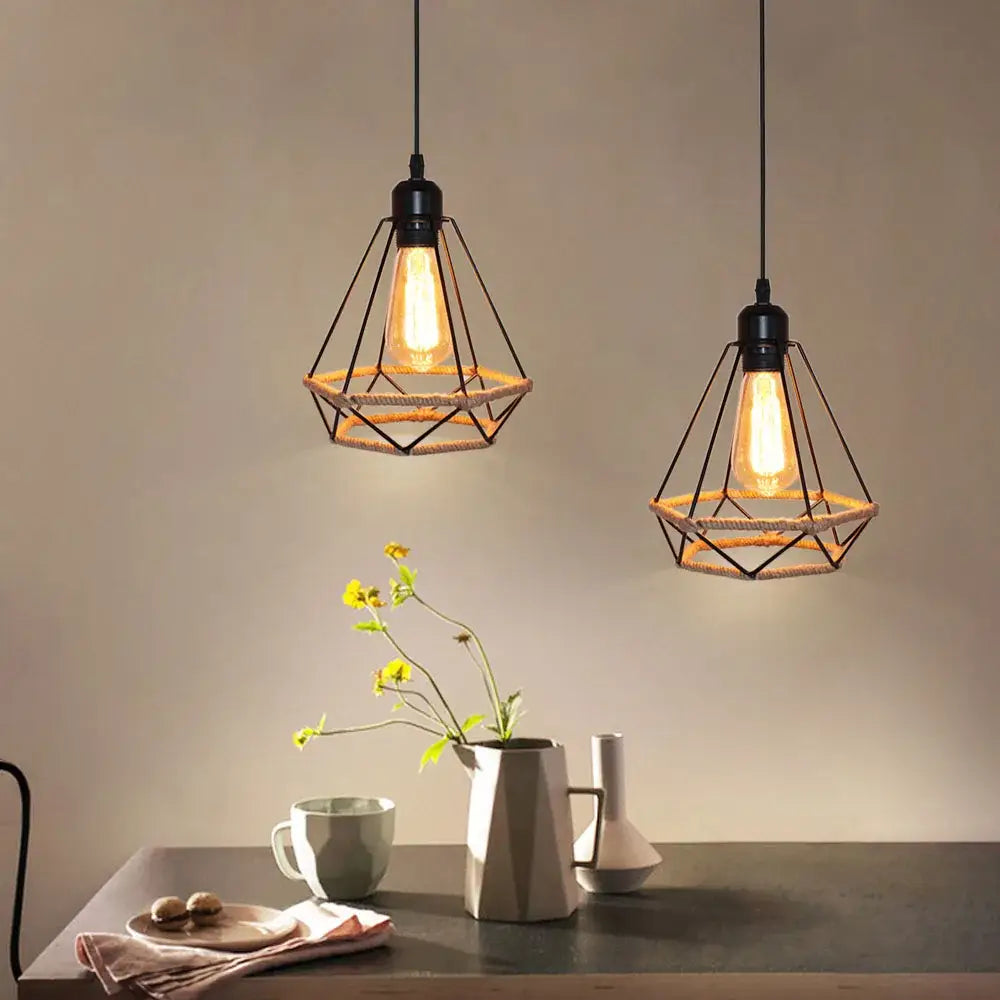 Black metal diamond cage iron pendant light with warm bulbs and woven rope detail for dining room lighting