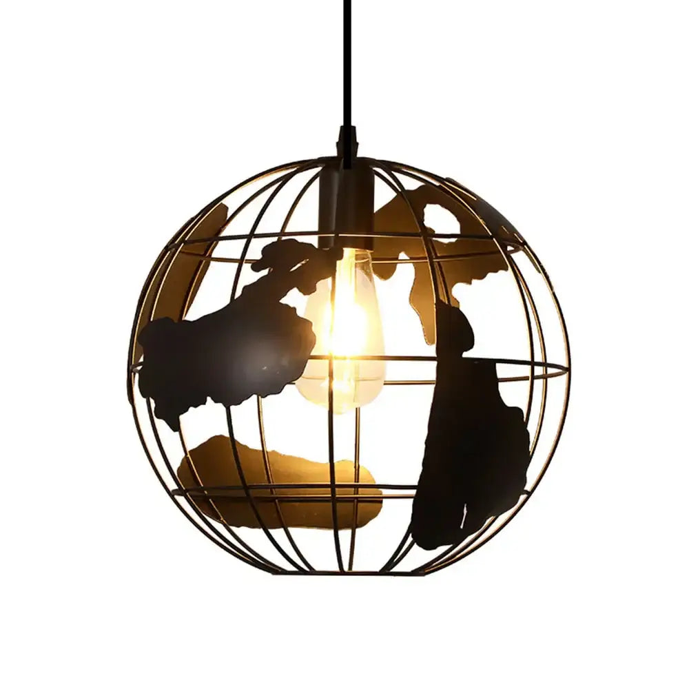 Geometric black metal chandelier kitchen wireframe pendant light with black metal globe and world map silhouette by decorbites black metal